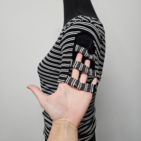 Striped Black and White Top with BEBE Embellishments Size Medium - Picture 3 of 7